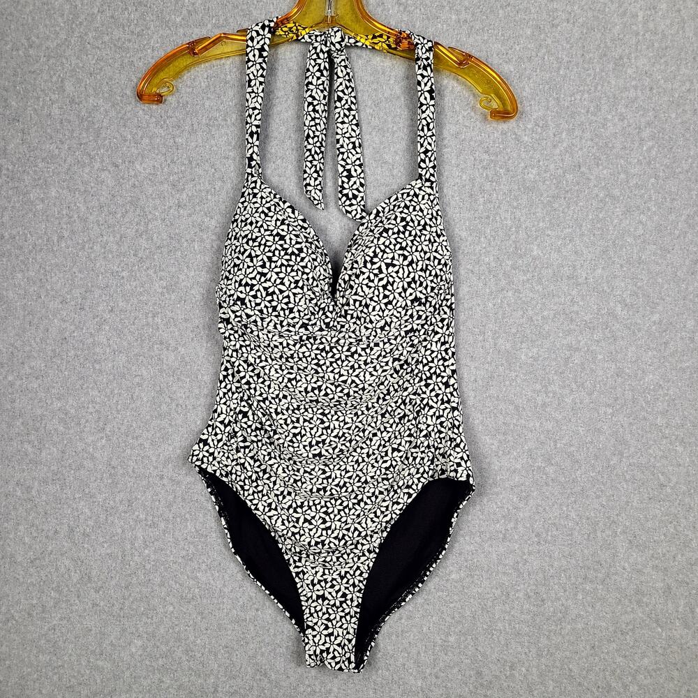 NIPTUCK SWIM Black & White Floral Halter One-Piece Swimsuit Size 12 US